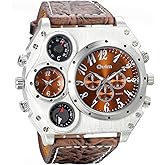 Avaner Men's Leather Wrist Watches: Big Face Dual Time Zone Oversized Large Dial Leather Strap Analog Quartz Watch