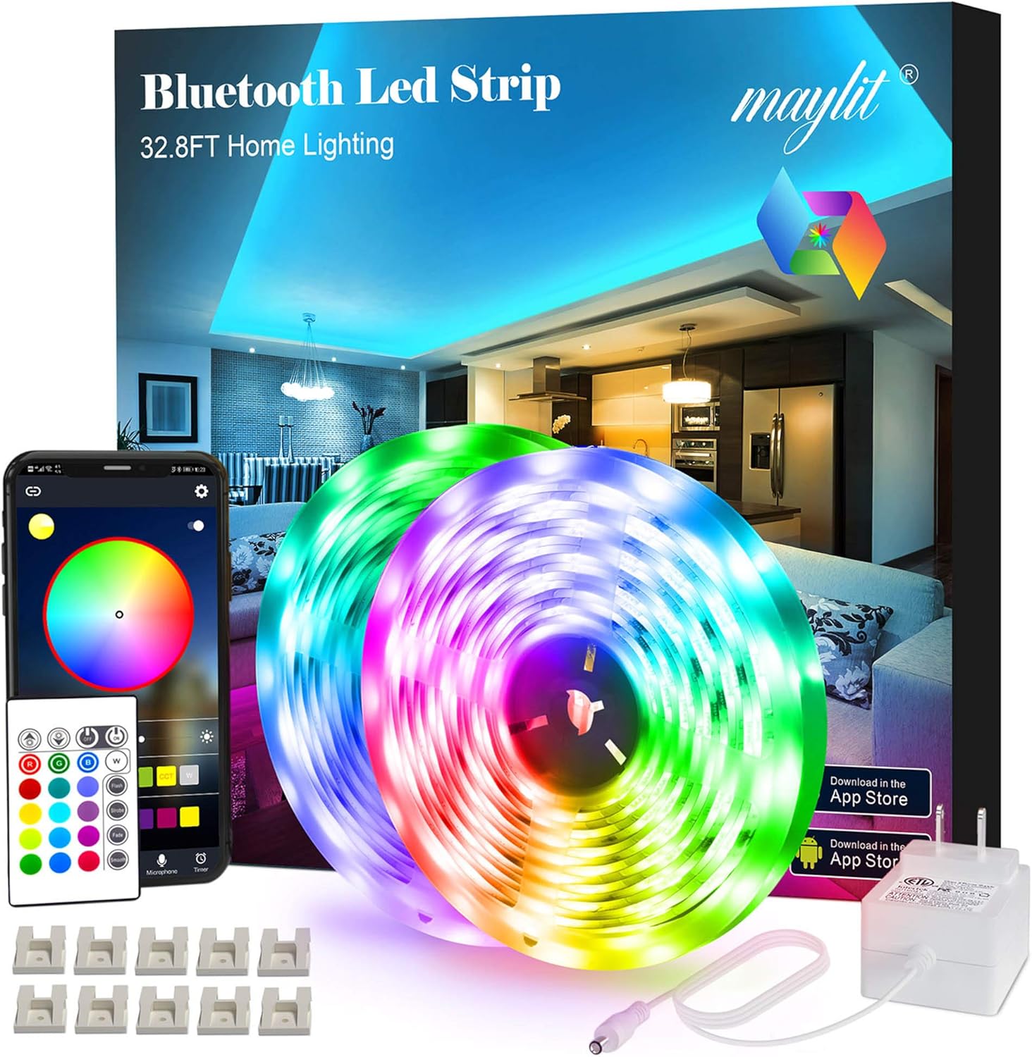 maylit Led Strip Lights, 32.8ft Bluetooth APP Controller RGB LED Light Strip, 5050