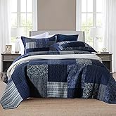 Yvooxny Quilts Queen Size Reversible Lightweight Bedspread 3-Piece Quilt Set Plaid Floral Patchwork 100% Cotton Queen Quilt Set Bedding Set with Pillow Shams for All Seasons, Azure Blue, 90x98''
