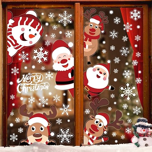 VEYLIN Christmas Window Cling, 6 Sheets Santa Rudolph Xmas Snowflake Window Stickers for Christmas Window Display