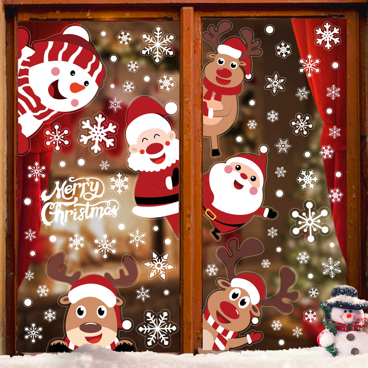 VEYLIN Christmas Window Cling, 6 Sheets Santa Rudolph Xmas Snowflake Window Stickers for Christmas Window Display