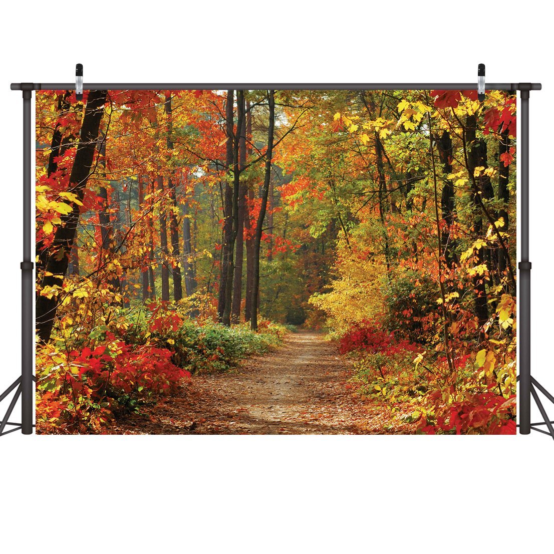 Photo 1 of LYWYGG 7x5ft Autumn Scenery Deciduous Background Vinyl Deciduous Mountain Road Photography Backdrop Tree and Yellow Fall Leaves View Background Studio Props CP-67