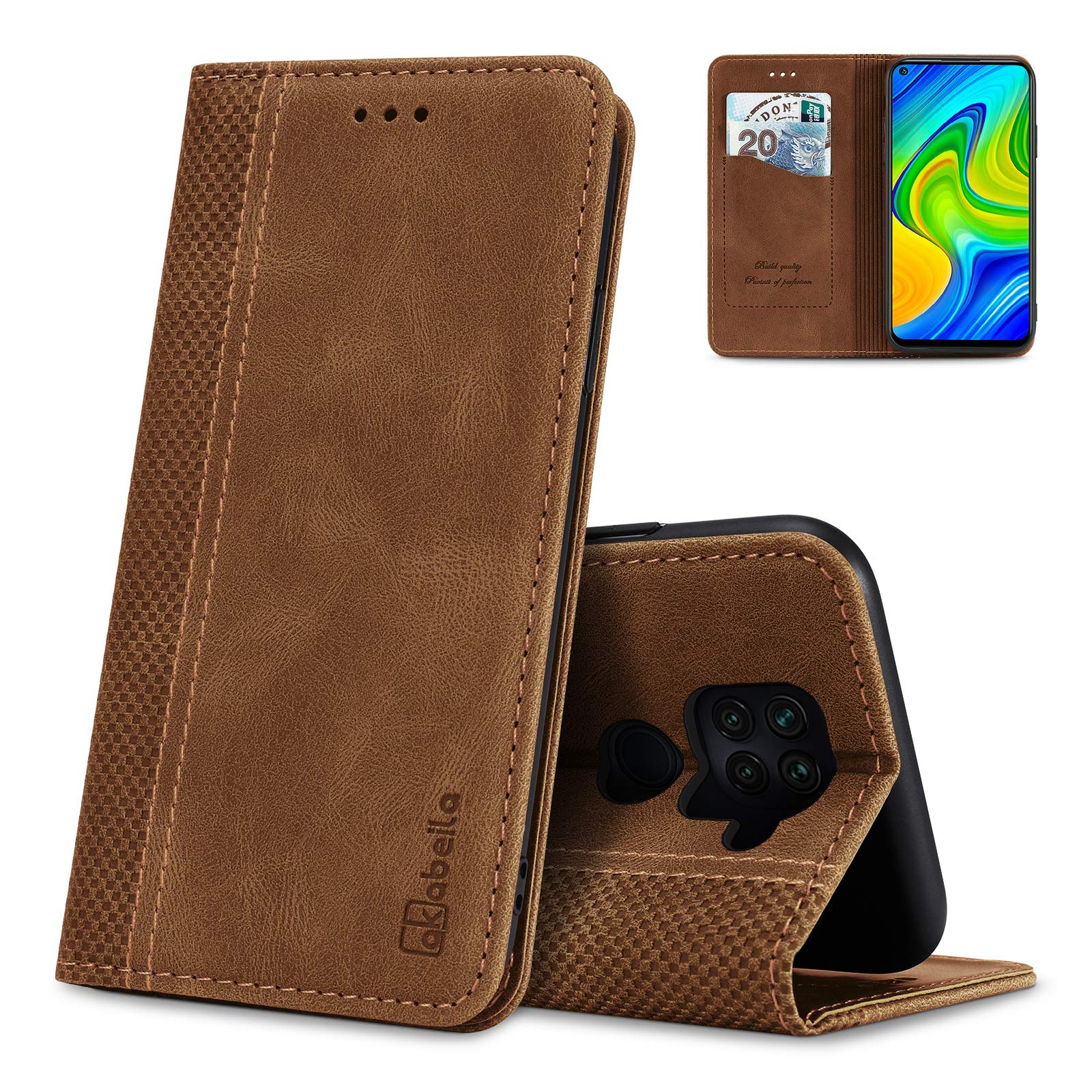 AKABEILA Case for Xiaomi Redmi Note 9 PU Leather Flip Wallet Case with Magnetic Closure Kickstand Card Slots Folio Phone Case Cover Shockproof Light Brown