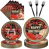 EngoEagle 96PCS Hibachi Plates and Napkins Party Supplies Hibachi Japanese Birthday Party Decorations Asian Japanese Style Themed Disposable Paper Tableware Set Serves 24 Guests
