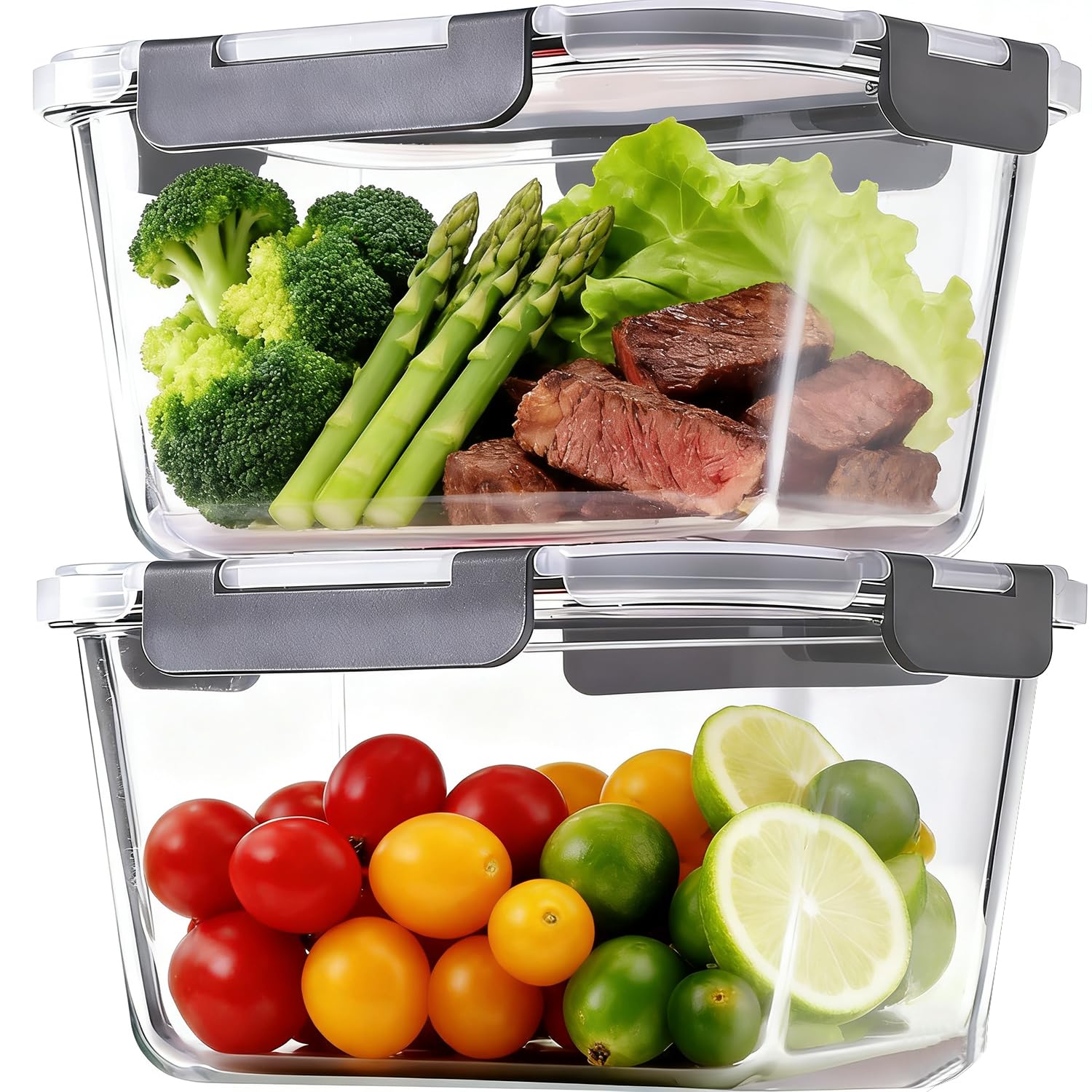 Photo 1 of 2 Pack Large Glass Food Storage Containers with Lids 85oz/10.5cup Big Airtight Storage Containers for Rotisserie Chicken Meal Prep Leftovers, BPA Free & Leak Proof, Microwave, Oven Safe (gray)