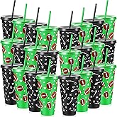 Chuangdi 24 Pcs Football Cups 24oz with Lid and Straw Football Party Favors Reusable Plastic Drinking Tumblers for Sport Themed Birthday Party Decoration