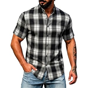 Mens Button Down Shirt Regular Fit Short Sleeve Tops Plaid Color Block Shirts Casual Lapel Collar Blouse for Daily