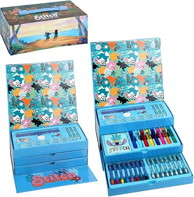 Disney Stitch Kids 34pc Art Stationery Set Watercolour Pens Crayons Pencils