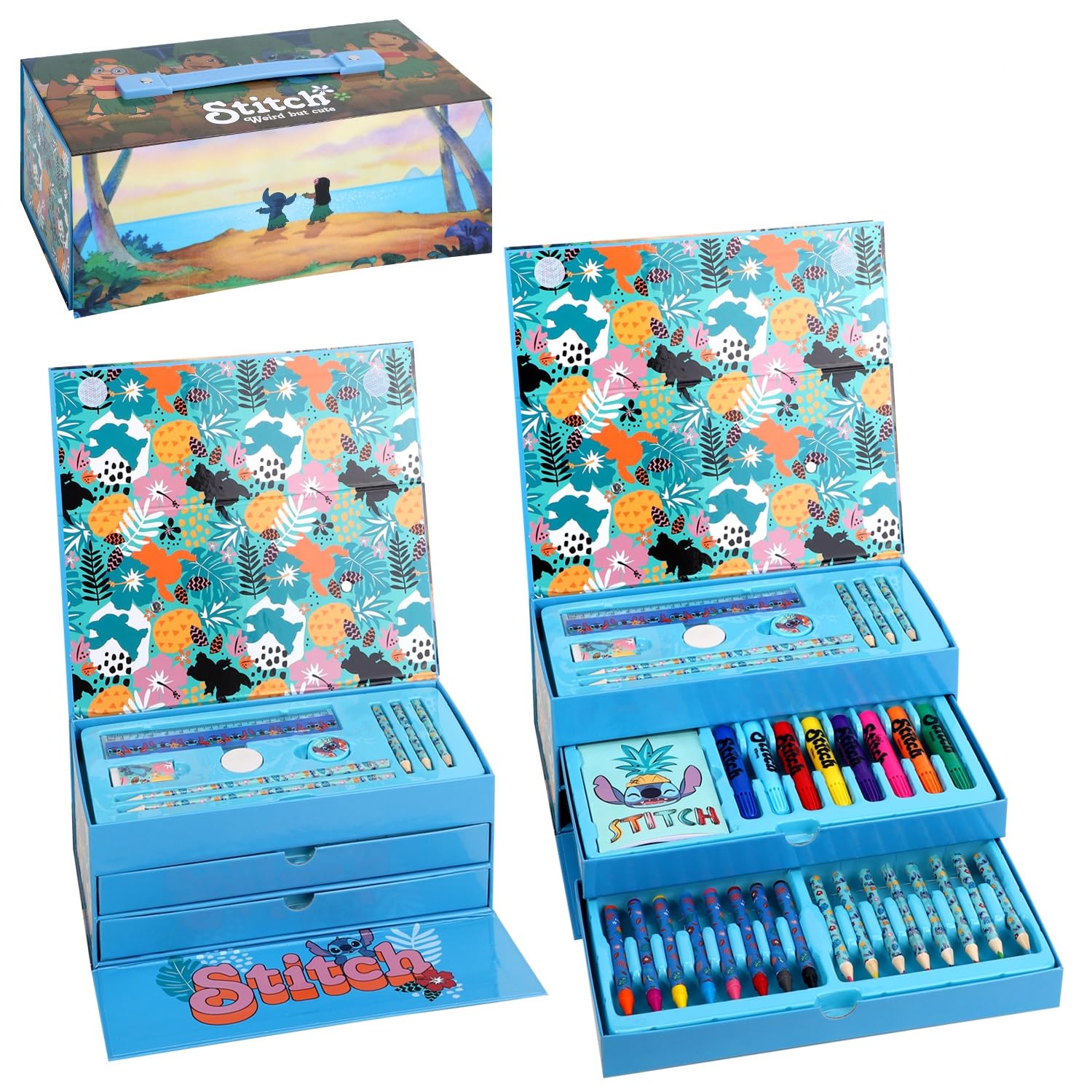 Disney Stitch Kids 34pc Colouring Art Stationery Set with Watercolour Felt Tip Pens Crayons and Pencils Travel Set for Children