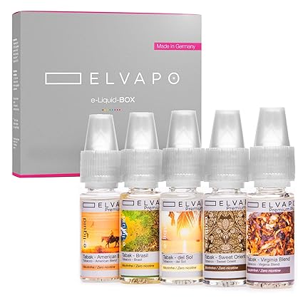 Elvapo Premium Plus E-LIQUID-BOX, extra starker Geschmack, Tabak-Set: American, Virginia Blend, Sweet Orient, Del Sol, Brasil