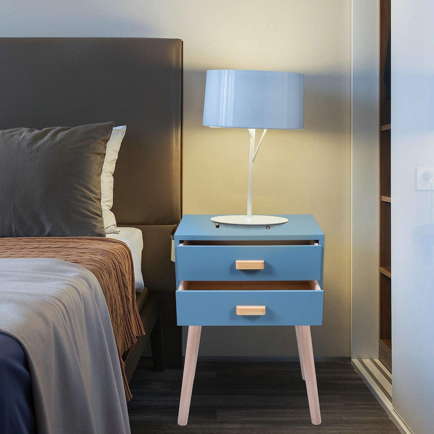 Amazon Com Jaxpety Set Of 2 Nightstand 2 Drawers Wood Bedside End Table Storage Cabinet Mid Century Modern Style For Bedroom Living Room Office 24 8 H Accent Side Table Light Blue Kitchen Dining