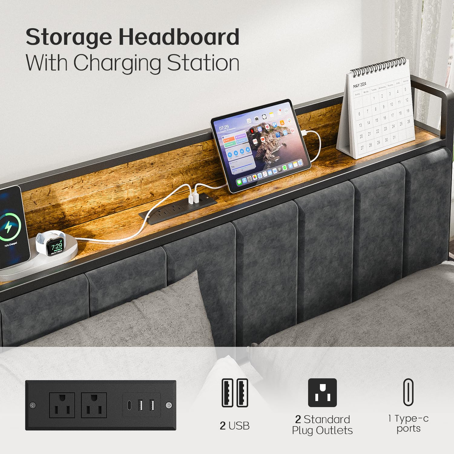 Liians Queen Bed Frame with Headboard, Metal Platform Bed with Smart LED Lights and USB Charging Station, Easy Assembly, No Box Spring Needed