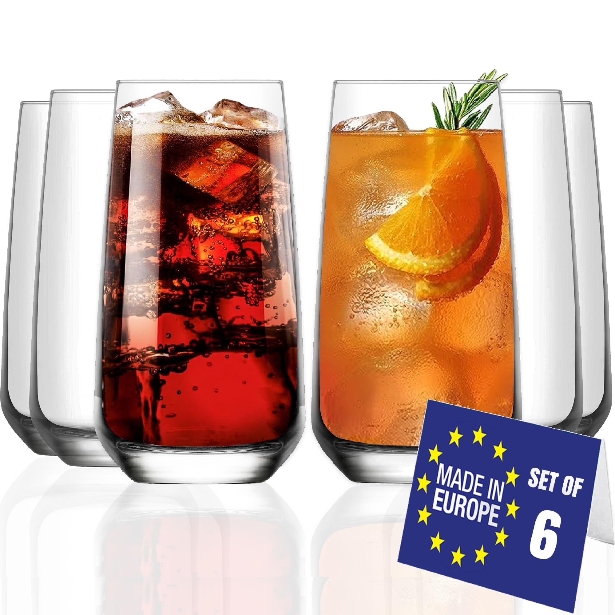 NORDIC SCHILLER Highball Glasses Set of 6, Cocktail Glasses, 480ml 100% Lead Free, Glass Tumblers, Water Glass, Drinking Glass Set