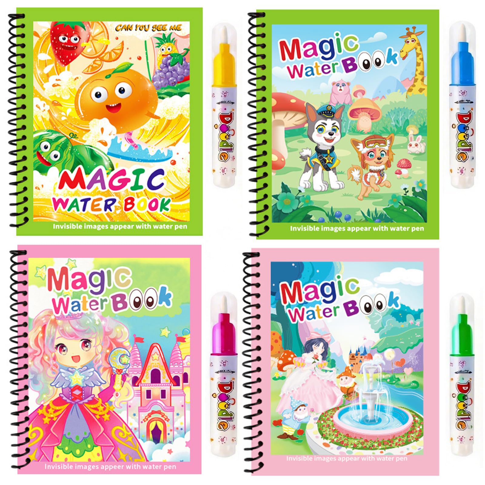 PORUPAEL 4 Pack Magic Water Colouring Books for Kids - Reusable Water Painting Books with 4 Pens, Four Different Themed Mess-Free Educational Art Activity Gift for Toddlers Ages 2-6 (Style-2)