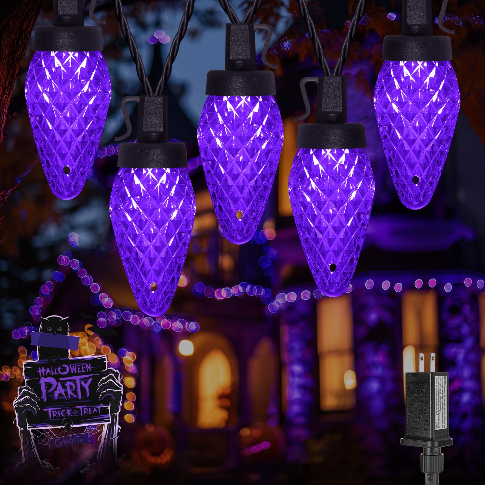 Photo 1 of Brightown Halloween C9 LED Purple String Lights, 114FT 150 LED Halloween Lights with Timer & 8 Modes, Plug-in Waterproof Connectable Outdoor Lighting for House Patio Yard Porch Roof