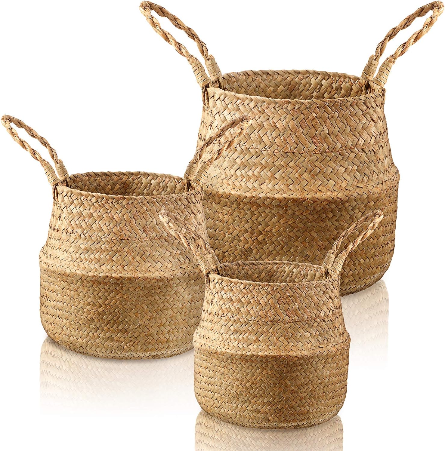 Set of 3 Pieces Woven Seagrass Belly Basket, Hand Woven Belly Basket for Storage Plant Pot Basket Laundry, Picnic