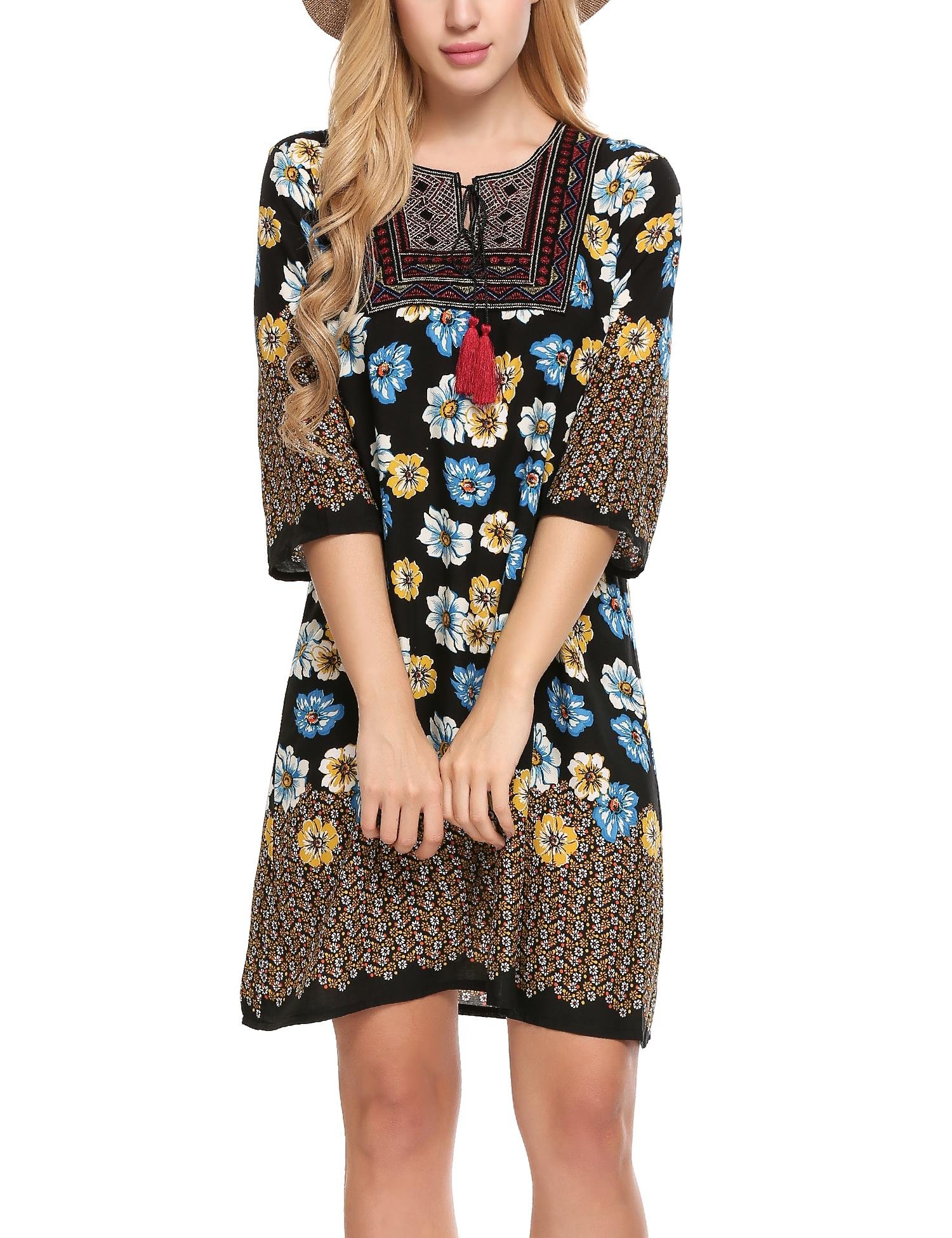Elesol Women Summer Shift Dress Bohemian Neck Tie Vintage Printed Ethnic Style Pattern2 M