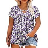 VISLILY Womens-Plus-Size-Summer-Tops Chic Keyhole V Neck T Shirts Cute Petal Short Sleeve Blouses Flowy Pleated Tunics XL-5XL