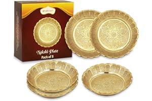 Shubhkart Solid Brass Decorative Nakshi Plate Set for Puja, Decoration & Gifting (Medium 9.5 cm, Pack of 5, Solid Brass)