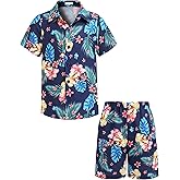 Arshiner Boys 2 Piece Outfits Hawaiian Shorts Sets Button Down Shirt and Shorts Summer Beach Clothes for 2-12 Years