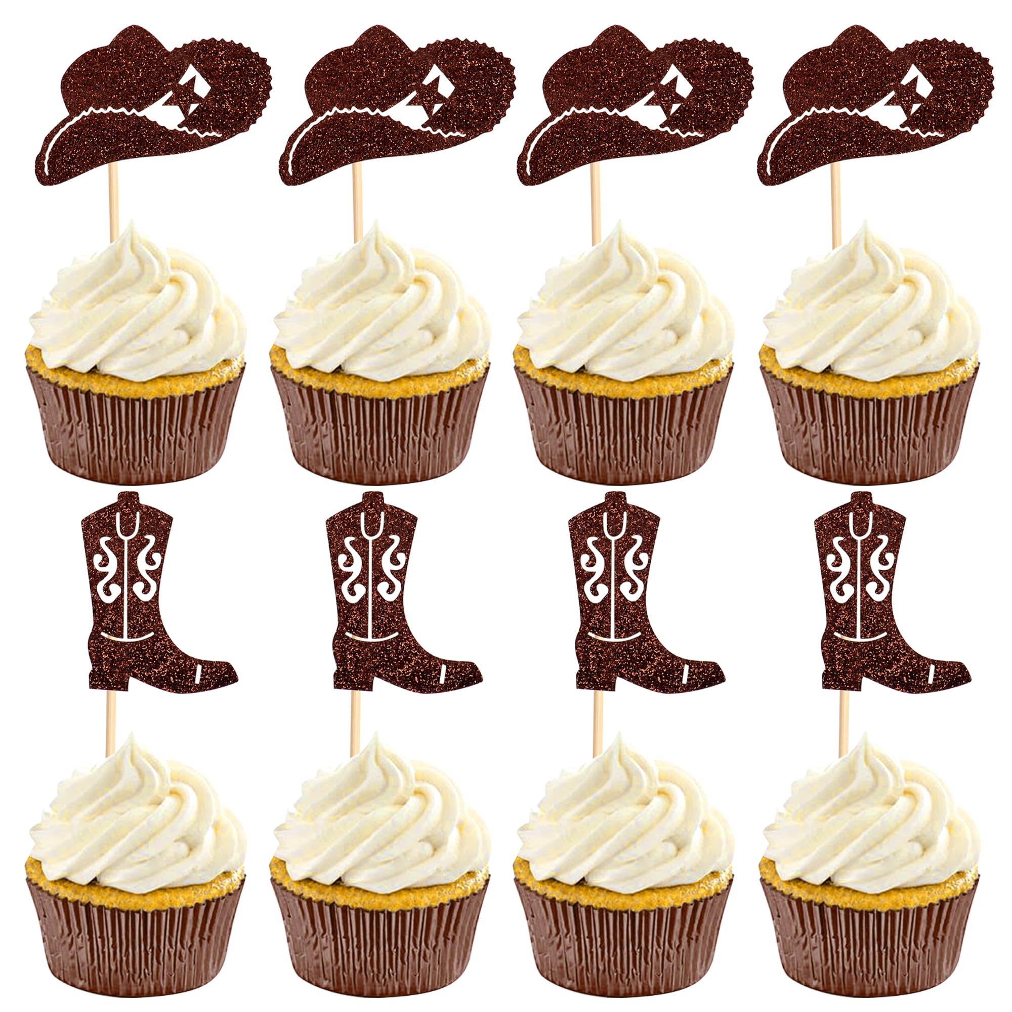 Photo 1 of 24Pcs Cowboy Cupcake Toppers Glitter Cowgirl Hat and Boot Cupcake Toppers Picks Western Theme Baby Shower Kids Birthday Party Supplies