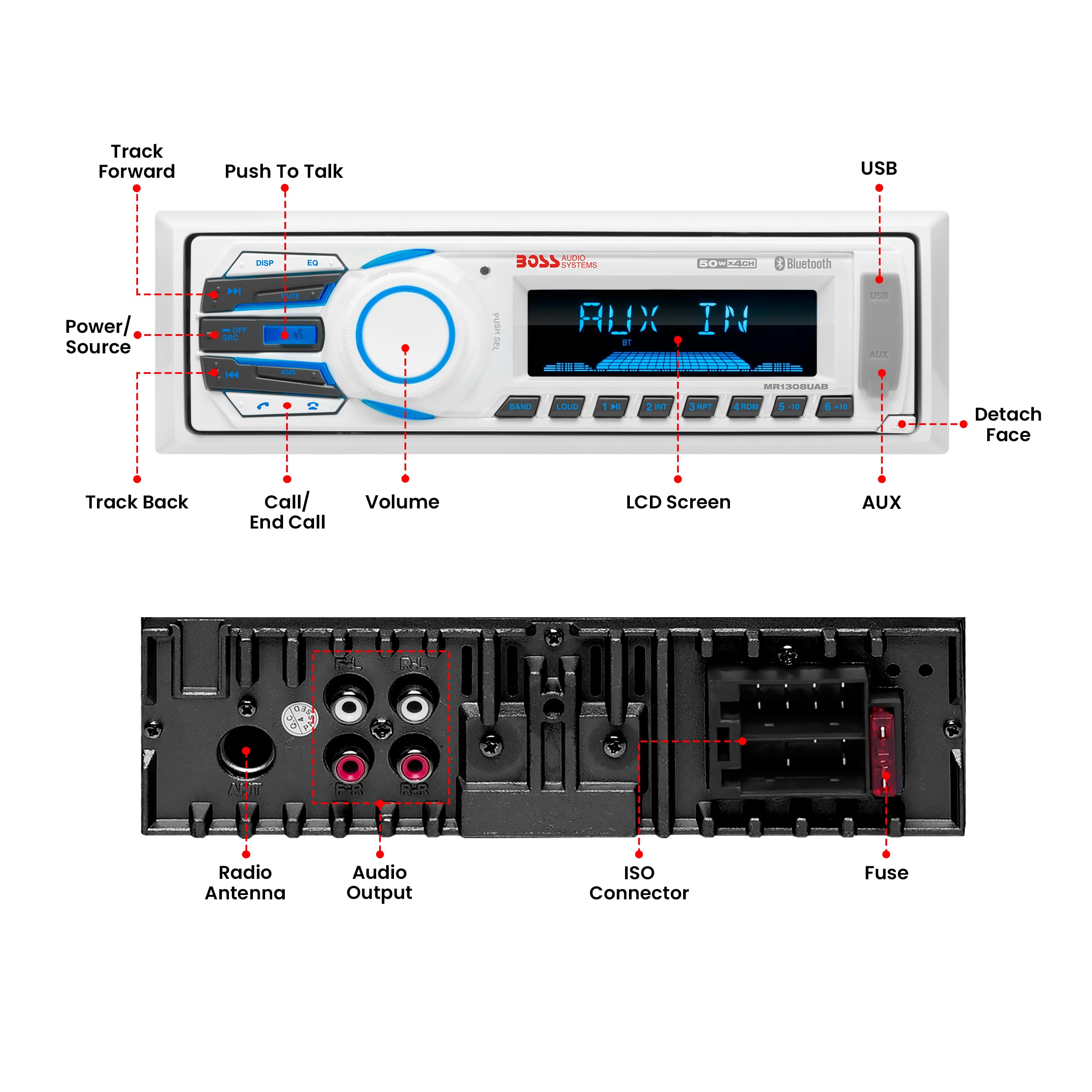 BOSS Audio Systems MR1308UAB Marine Receiver - Weatherproof, Bluetooth Audio, USB, SD, MP3, AM/FM, Aux-in, No CD Player, White, 8.50in. x 8.50in. x 4.00in.