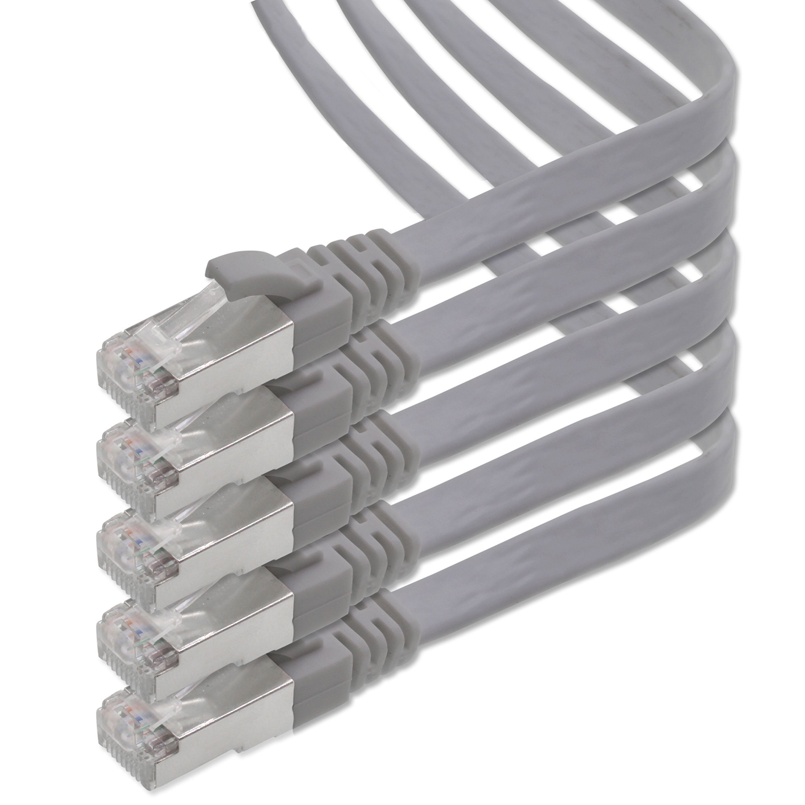 1aTTack.de 7.5m - gray - 5 pieces CAT.7 Gigabit Ethernet LAN ribbon ribbon cable (RJ45) network cable raw cable (10Gbit/s) installation cable flat slim compatible with Cat.5 - Cat.5e - Cat.6