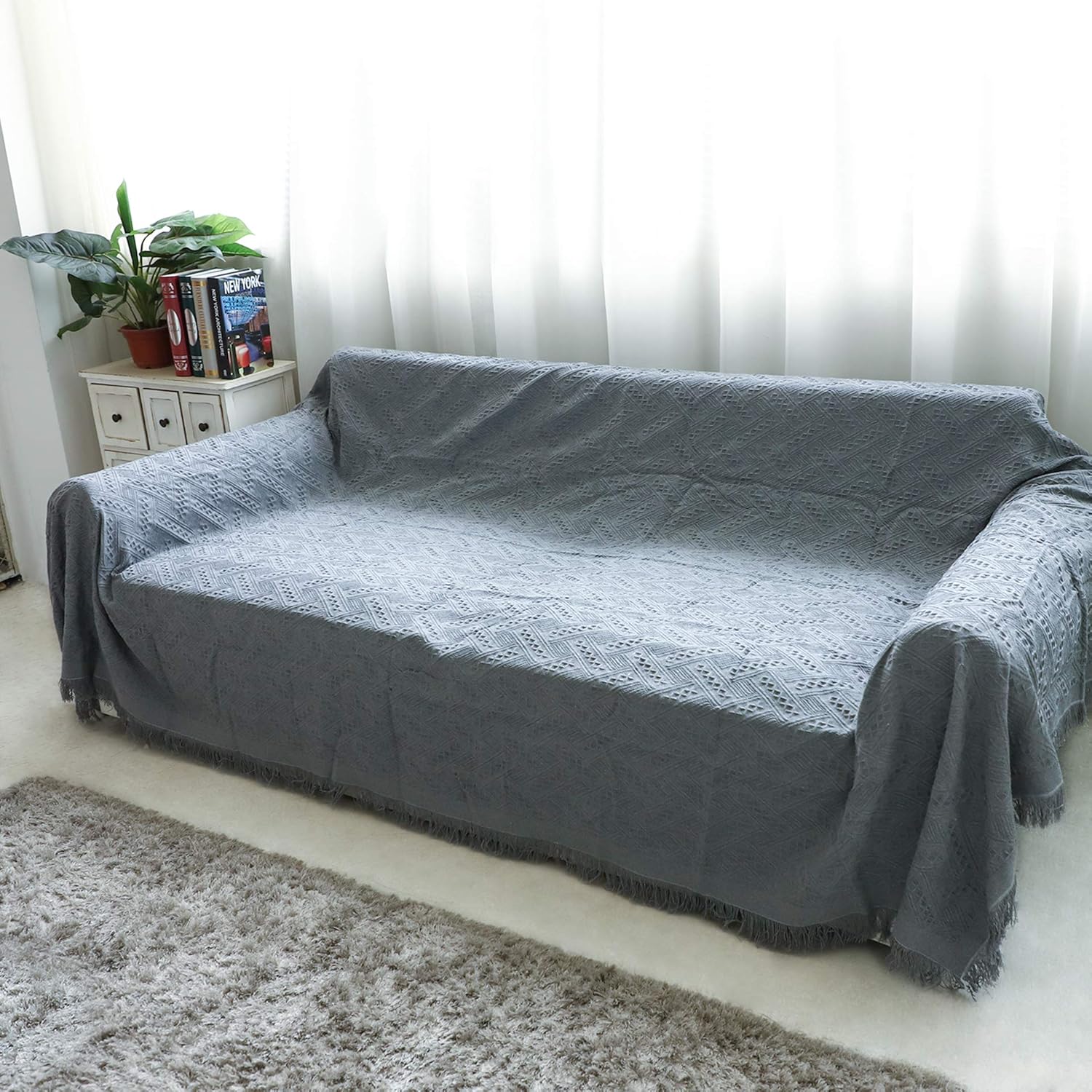 HOUSE DAY Sofa Slipcovers Couch Slip Cover, Soft Lightweight Throw Blanket, Decorative Knitted with Fringe, Sofa Couch Covers for 3 Cushion Couch, Linen Couch Cover Couch Protector (Grey, Large)
