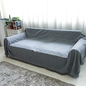 HOUSE DAY Sofa Slipcovers Couch Slip Cover, Soft Lightweight Throw Blanket, Decorative Knitted with Fringe, Sofa Couch Covers for 3 Cushion Couch, Linen Couch Cover Couch Protector (Grey, Large)