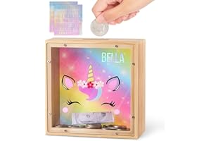 MHJY Piggy Bank for Kids, Wooden Money Coin Bank for Boys and Girls, Dinosaur Unicorn Piggy Banks with DIY Stickers for Birthday, Easter Gifts (Rainbow)