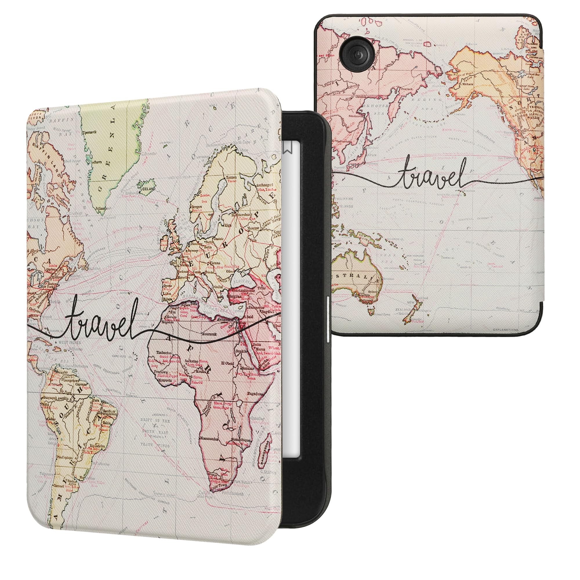 kwmobile Cover for Kobo Clara BW/Colour Case - eReader Cover with auto sleep funktion - Travel with Black/Multicolor — image 1