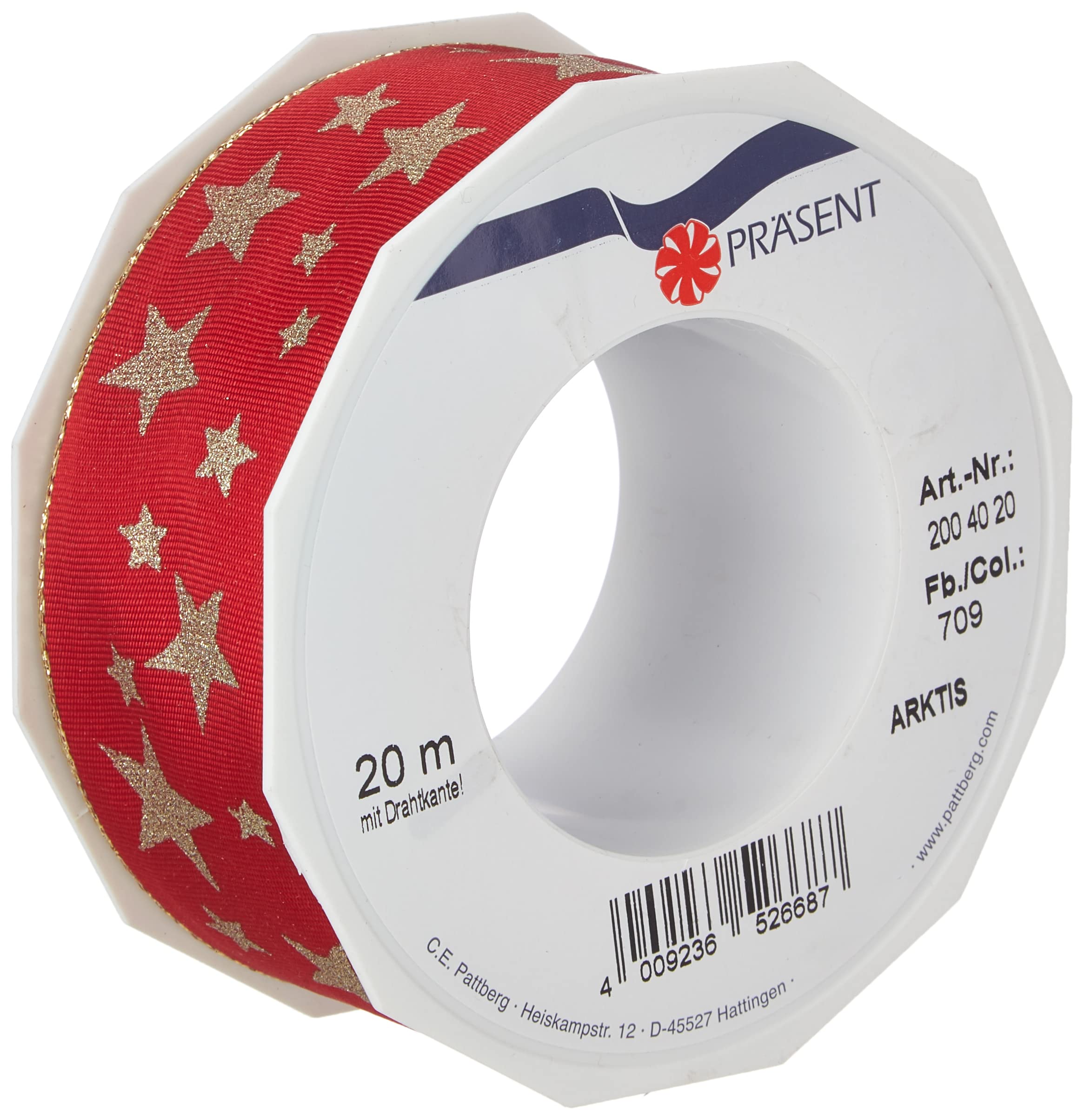 PRÄSENT - Arktis Wired & Printed Ribbon Red-Gold 40 mm width, 20 m length