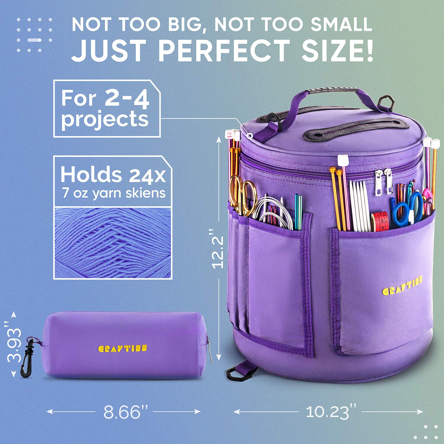 CRAFTISS Knitting Bag Yarn Storage - Christmas Gift - Puprle Durable Canvas Yarn Bag for Crochet Accessories - Yarn Organizer Crochet Bag with Knitting Accessories Case