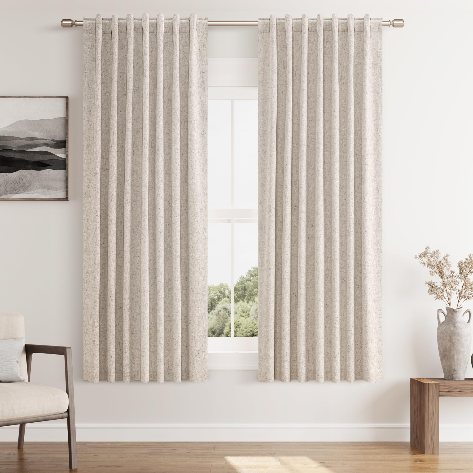 Guken Oatmeal 100% Blackout Curtains 96 Inch Length 2 Panels Set for Living Room Bedroom Back Tab Thermal Insulated Black Out Linen Drapes Room Darkening Window Curtains 96 Inches Long