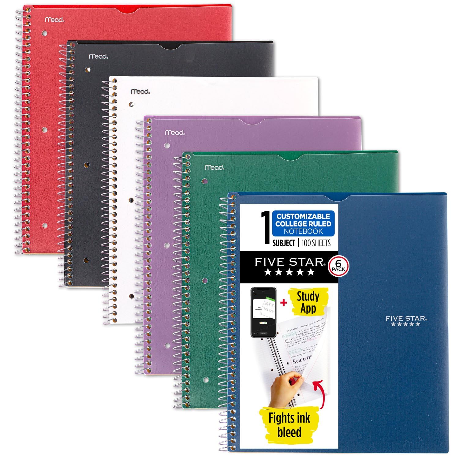 Five Star Spiral Notebook + Study App, 6 Pack, 1 Subject, College Ruled Paper, Fights Ink Bleed, Water Resistant Cover, 8-1/2" x 11", 100 Sheets, Customizable Cover, Assorted Colors (820045-ECM)