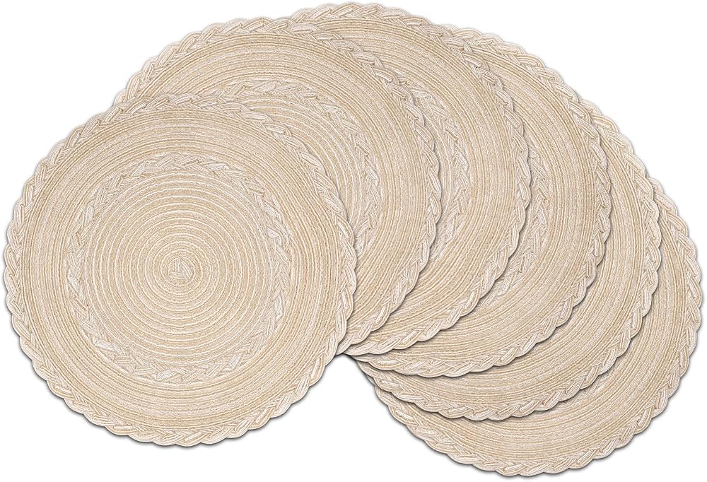 SHACOS Round Placemats Set of 6 Beig e Braided Woven Heat Resistant 38 cm