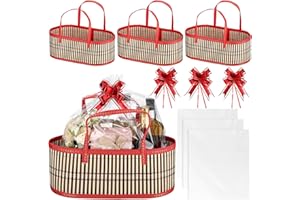 Reallnaive 3 Sets Empty Gift Baskets Large Woven Bamboo Basket for Christmas DIY Birthday Party Empty Gift 15.75 x 7.87 x 6.3 Inch, Bows and Cellophane Wrap Bags