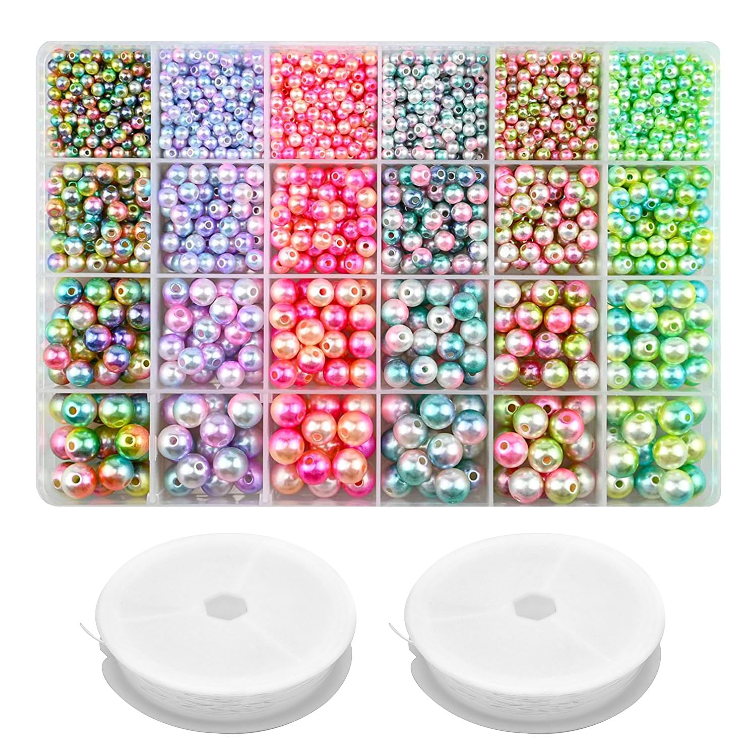 1890 Gradient Pearls, with 24 Compartments Storage Box, 2 Rolls of Beading Wire, 4/6/8/10mm, Craft Beads with Holes, Can Be Used to Make Necklaces, Bracelets (Multi-Color)