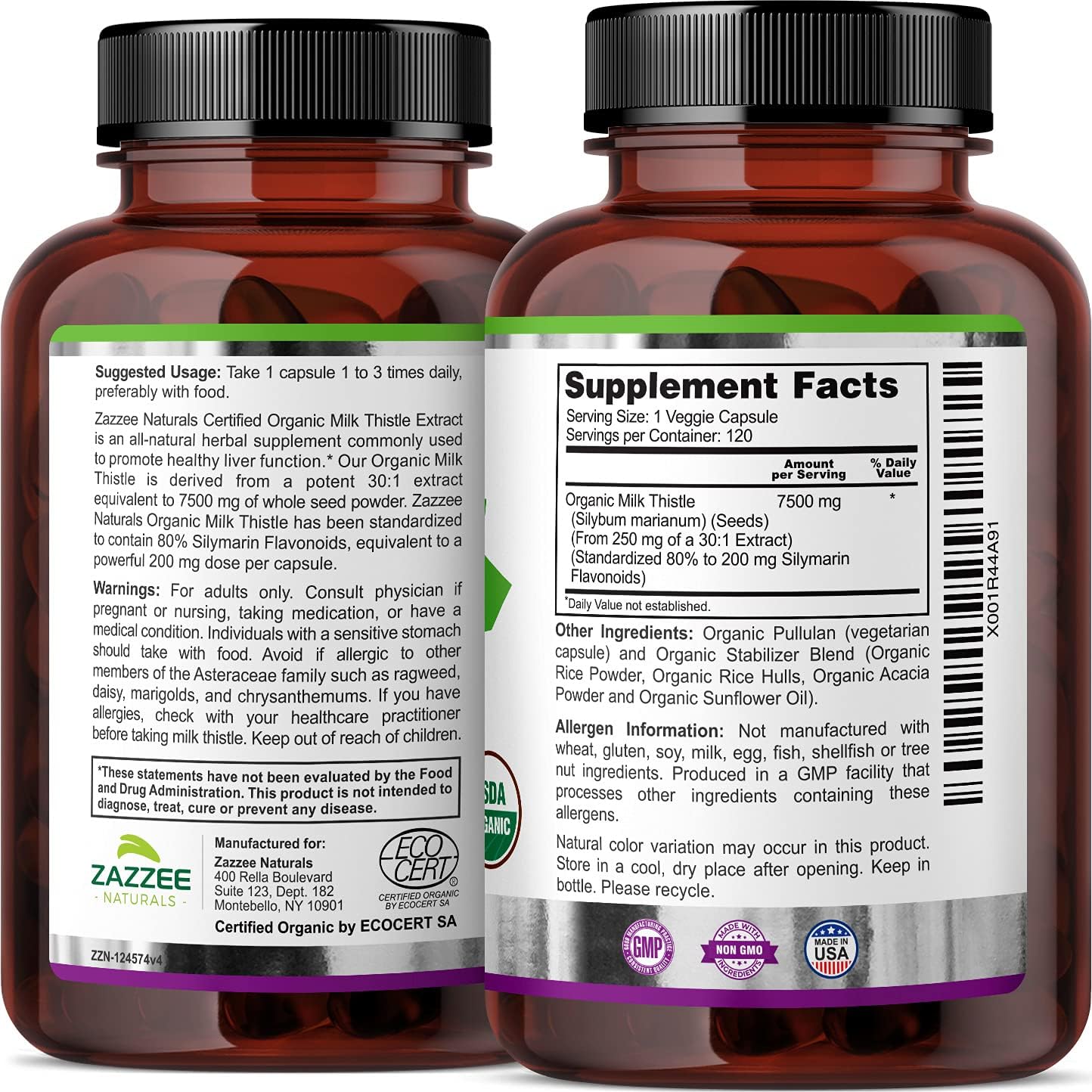 Zazzee USDA Organic Milk Thistle Extract Capsules, 120 Vegan Capsules, 7500 mg Strength, 80% Silymarin Flavonoids, Potent 30:1 Extract, USDA Certified Organic, Vegan, Non-GMO and All-Natural: Health & Personal Care