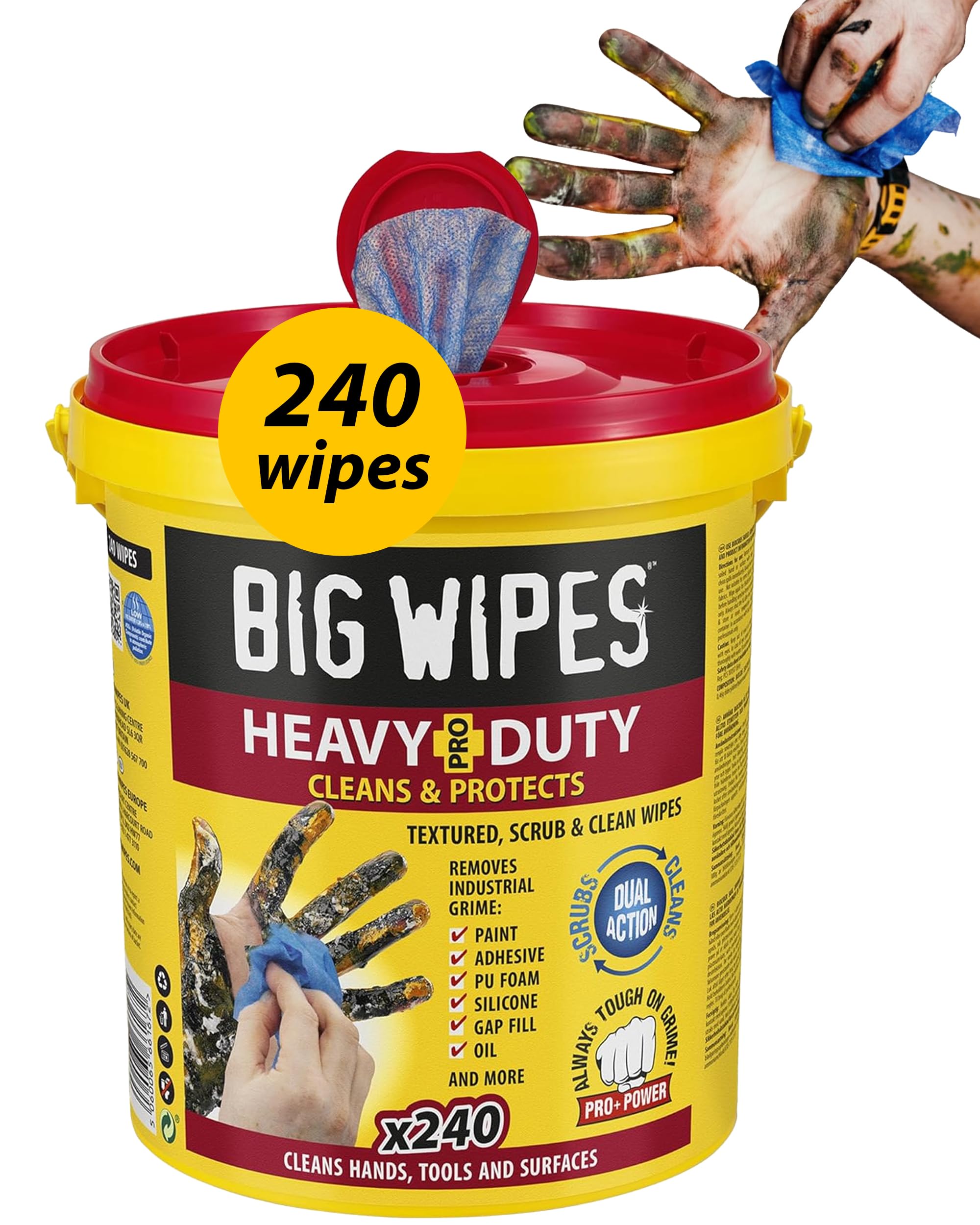 Big Wipes Heavy Duty Pro+ Hand Wipes โ Textured Dual-Sided Cleaning Wipes for Paint, Grease, Oil - Industrial Cleaning Products for Tools & Surfaces - Heavy Duty Hand Cleaner - Dispenser Bucket x240