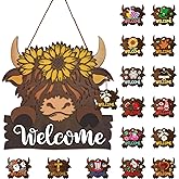 Highland Cow Front Door Decorations - Interchangeable Welcome Sign for Front Door with 15 Set Changeable Icons for Seasons Holiday Thanksgiving Christmas Door Decor