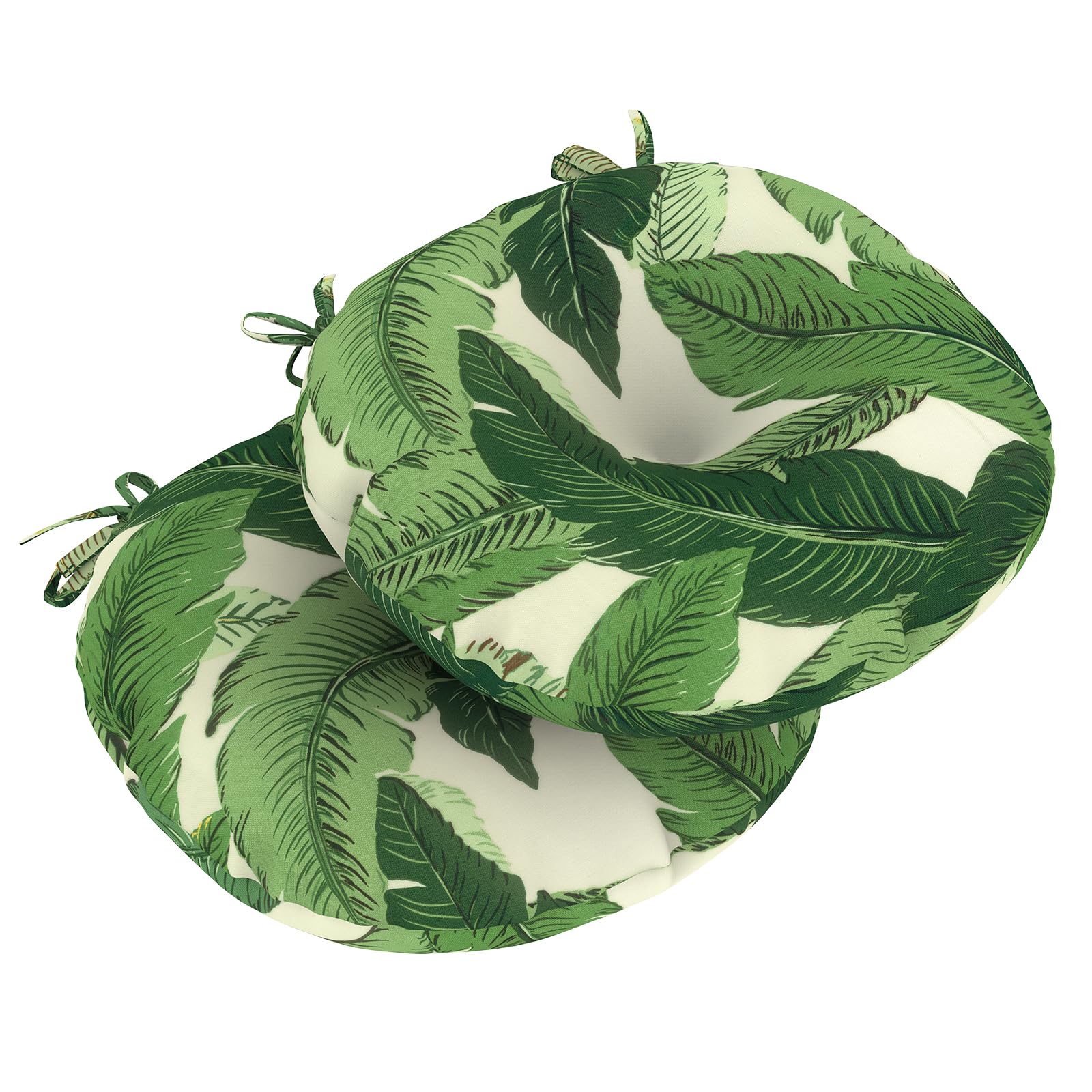 Photo 1 of LVTXIII Outdoor Seat Cushions Set of 2, Patio Chair Pads with Ties, Flufy Outdoor Round Bistro Chair Cushions for Patio Garden Furniture Decoration 15”x15”x4”, Swaying Palms Green