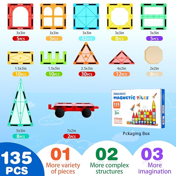 ZMAXKIC MAGNETIC TILES, 135PCS MAGNETIC BUILDING BLOCKS WITH 2 CARS, LARGE MAGNET BUILDING SET,STEM SENSORY EDUCATIONAL TOYS GIFT FOR TODDLERS KIDS BOYS GIRLS.