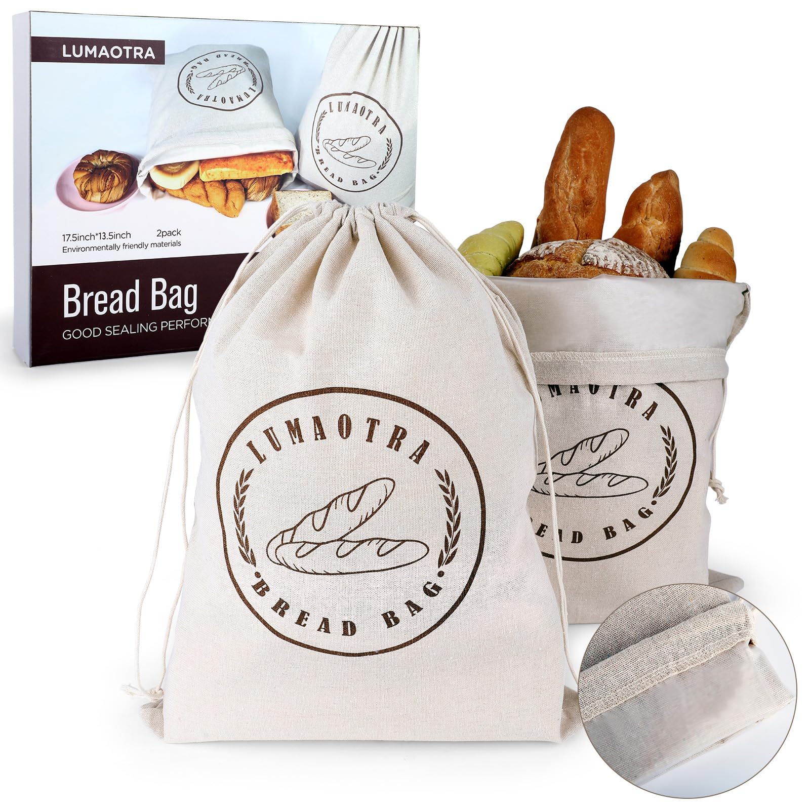 Photo 1 of Linen bread bags 2-Pack17.5x13.5inch for homemade bread, unbleached and reusable, ideal as a baker gift