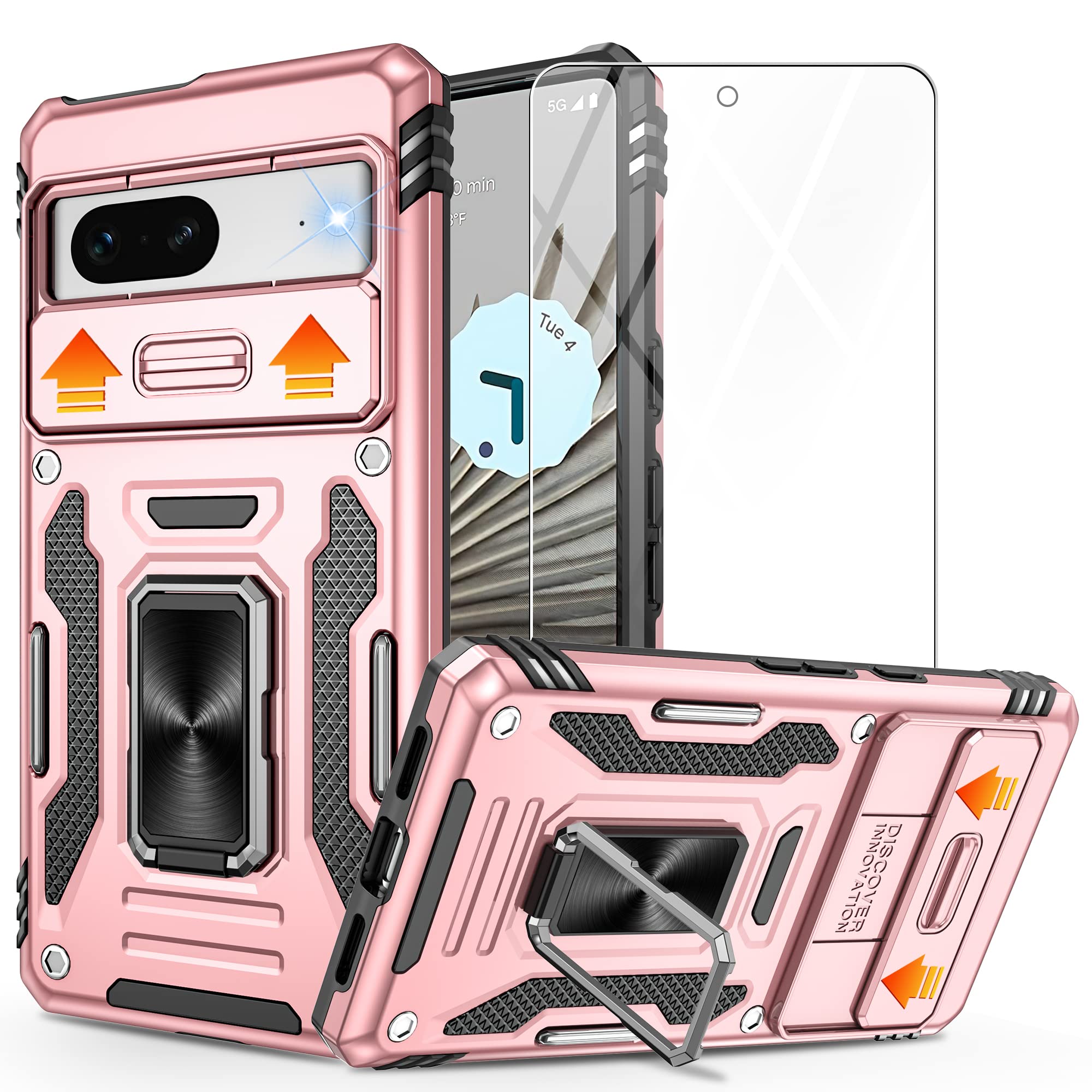 Gritup Pixel 7 Case - Shockproof w/ Screen Protector & 360 Kickstand (Rose Gold)