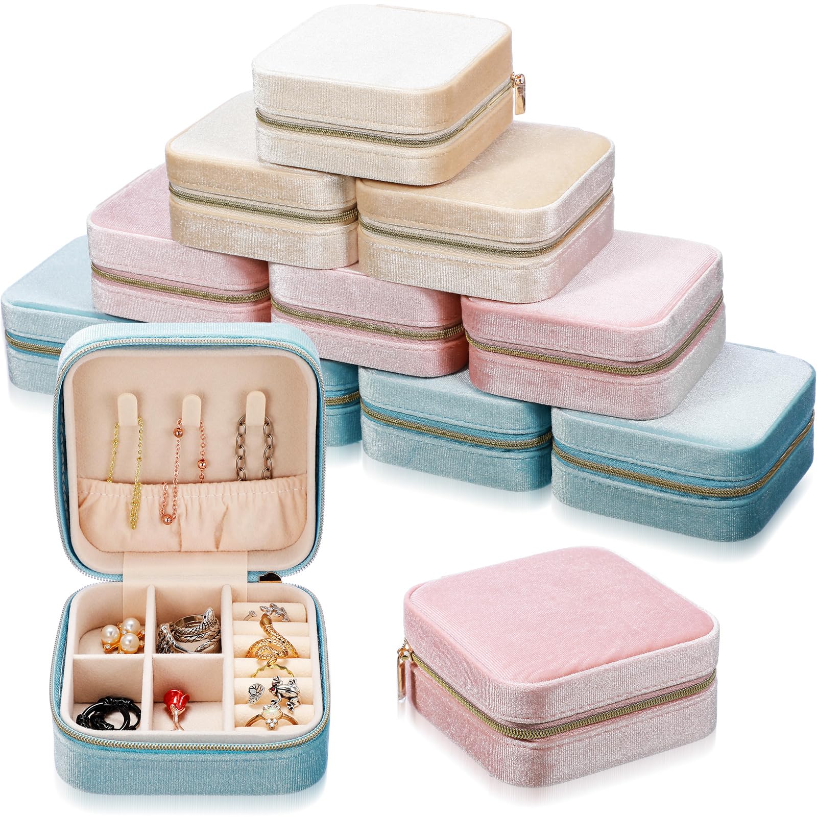 Photo 1 of Kenning 12 Pcs Small Velvet Travel Jewelry Box Mini Jewelry Case Portable Organizer Pouch Bridesmaid Proposal Gift for Women(Square)