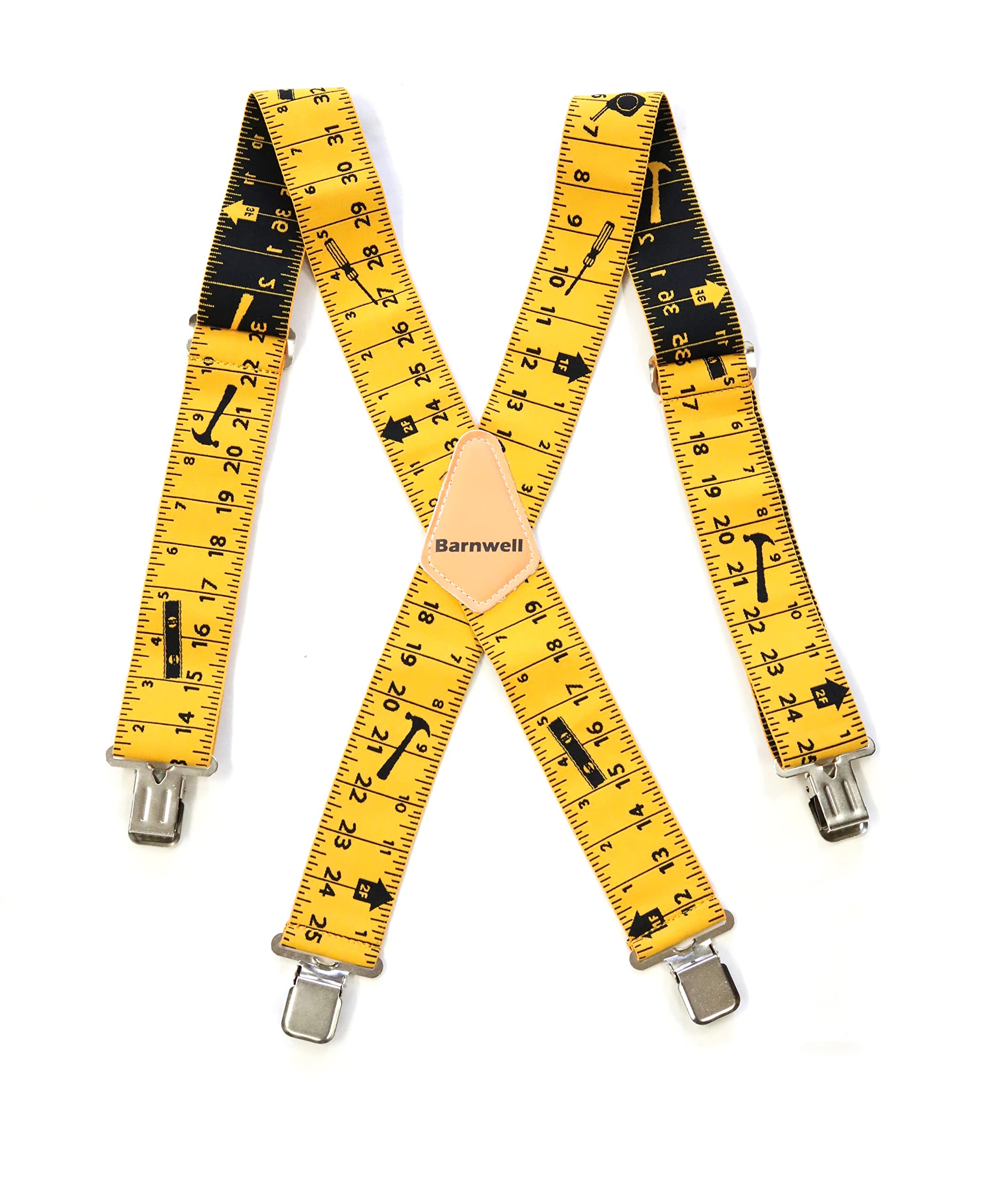 Barnwell Yellow/Black Trouser Braces Suspenders Heavy Duty Metal Clips 50mm Wide Adjustable Elastic Hammer Tape Screwdriver Design