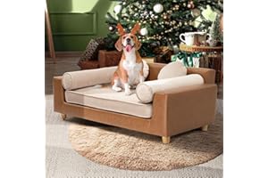 dCee Luxury Dog Sofa Bed, Luxury 42" Leather Pet Couch for Large Dogs, Washable Velvet Cushion, Sturdy Wooden Frame, Anti-Slip Design, Joint Support, Comfortable and Stylish for Pets Up to 160 Lbs