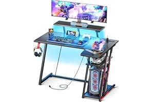 MOTPK Small Gaming Desk with LED Lights & Power Outlets, 39 Inch L Shaped Gaming Computer Desk with Storage Shelf, Gamer Table with Monitor Stand, PC Table with Carbon Fiber Texture, Black