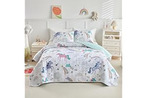 UOZZI BEDDING Girls White Quilt Set Queen Size for Summer Teenager Cool Breathable Skin Friendly Microfiber Teen Kids Quilted Bedding Bedspread Coverlet Set All Season Bed Cover Teal Unicorn Rainbow Stars